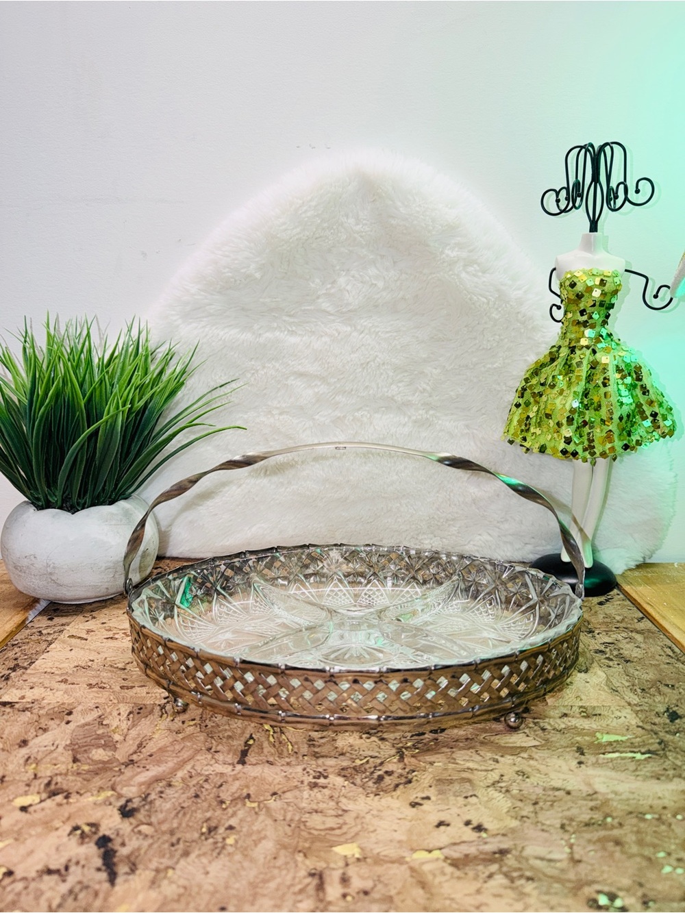 Mid Century Modern Chrome & Glass Serving Tray w Twisted Handle 🔥